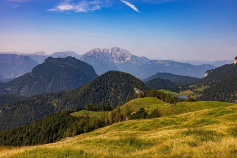 At the summit of Alpbichl with a view of the Schwarzer Berg and Seewaldsee, Osterhorngruppe,