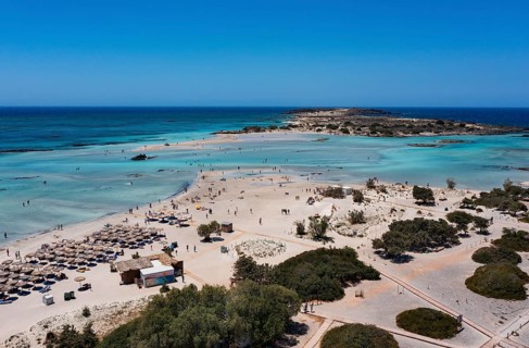 Drone shot, Elafonissi beach, south-west Crete, Crete, Greece, Europe