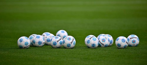 Adidas Derbystar match balls on the pitch WWK Arena, Augsburg, Bavaria, Germany, Europe