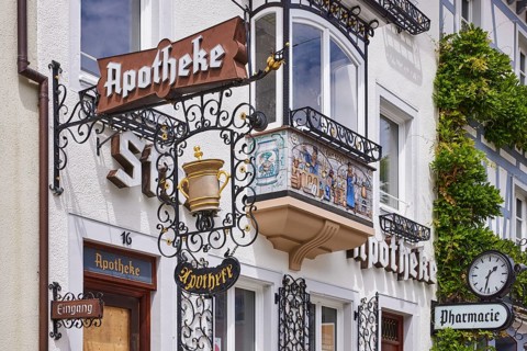 Historic pharmacy, nose sign, pharmacy, facade clock, historic building, old town, Wolfach, Black