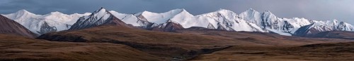 Panorama, Glaciated and snow-capped mountains, dramatic landscape, plateau, autumnal mountain
