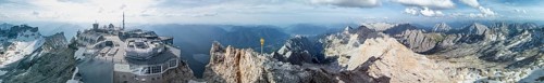 Alpine panorama, mountain station of the Zugspitzbahn, Zugspitze and Zugspitzplatt with glacier,