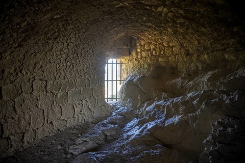 Dark vault in the Cathar castle of Quéribus, Cucugnan, Département Aude, France, Europe