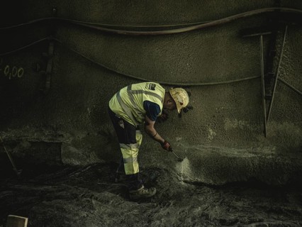 Workers in cross-passage 70, construction lot H53 in the Brenner Base Tunnel, Tyrol, Austria,