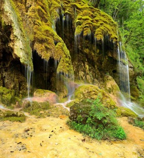 The Schleier Falls on the Ammer, moss-covered waterfall, Ammergau Alps, Bavaria, Germany, Europe