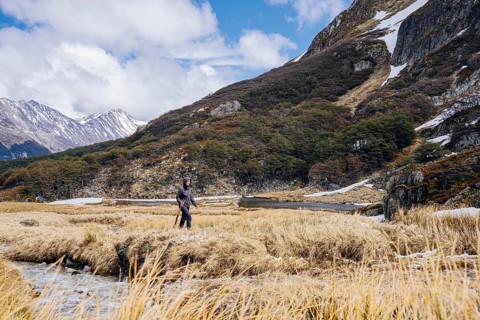 Woman hikes through grassland, Glaciar Vinciguerra, Ushuaia, Tierra del Fuego Province, Argentina,