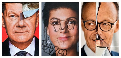 Torn and graffitied large posters for the 2025 federal election with Olaf Scholz, Sahra Wagenknecht