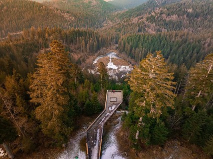 View from wooden footbridge in winter over snow-covered forest landscape, Ellbachseeblick viewing