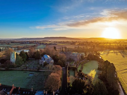 Berkeley Castle from a drone, Berkeley, Cotswolds, Gloucestershire, England, United Kingdom, Europe