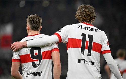 Goal celebration Ermedin Demirovic VfB Stuttgart (09) Nick Woltemade VfB Stuttgart (11) from behind
