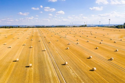Straw bales on a harvested grain field from above, wind turbines in the background, Nossen, Saxony,