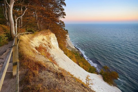 The chalk cliffs of Møns Klint, view of the Baltic Sea at dawn in autumn, Møn Island, Denmark,