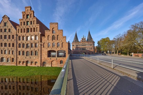 Historic salt storehouses and Holstentor city gate, Hanseatic city of Lübeck, independent city,