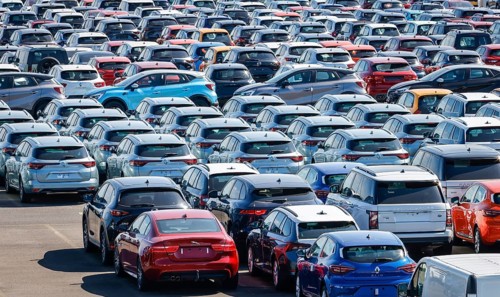 Duisburg, North Rhine-Westphalia, Germany - New cars, transhipment centre, car terminal in Duisburg