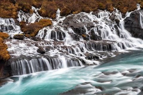 Hraunfossar, waterfalls in autumn, river Hvítá, West Iceland, Vesturland, Iceland, Europe
