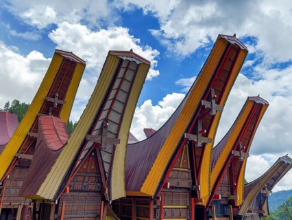 Old traditional wooden houses, villages, pile dwellings with curved colourful roofs, Tana Toraja,