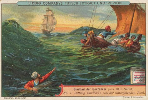 Picture series 1001 Nights, Sinbad the Sailor, Rescue of Sinbad from the sinking island, Liebig