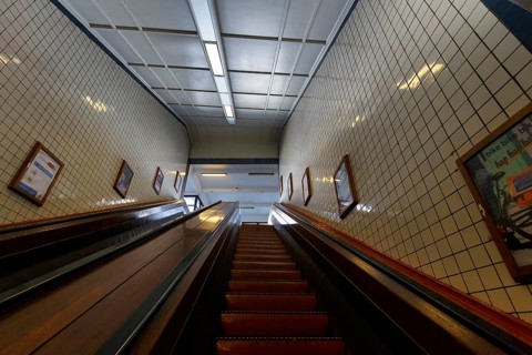 Wooden escalator in the Sint-Annatunnel, heritage-protected St Anne's Tunnel under the Scheldt,