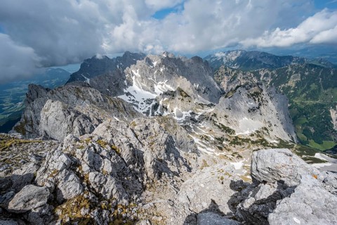 View of rugged, rocky mountain landscape, view from the summit of the Ackerlspitze, mountain peak