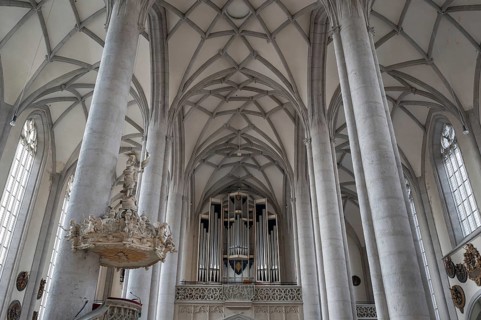 Organ loft of the late Gothic church of St George, built between 1427 and 1505, church, Nördlingen,