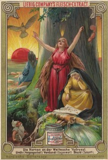 Picture series Norse Gods, the Norns at the World Tree Ygdrasil, Urdh, Verdandi and Skuld, Liebig