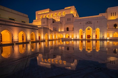 The illuminated main square in front of the Royal Opera, at night, night shot, Muscat, Arabian