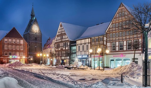Market square with Martini church winter snow illuminated Stadthagen Germany