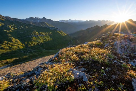 Mountain landscape with sun star, morning mood, view of the summit of the Großvenediger at sunrise,