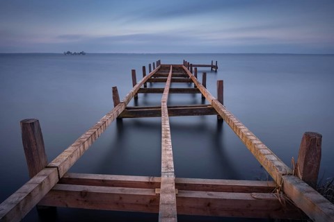 View of a partially dismantled jetty on the Steinhuder Meer, long exposure, Wilhelmstein, Hagenburg