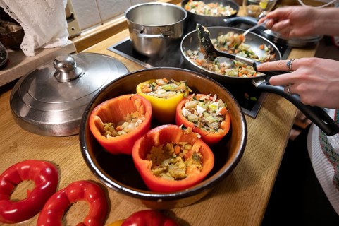 Stuffed peppers with vegetables are prepared in the kitchen, Bavaria, Germany, Europe