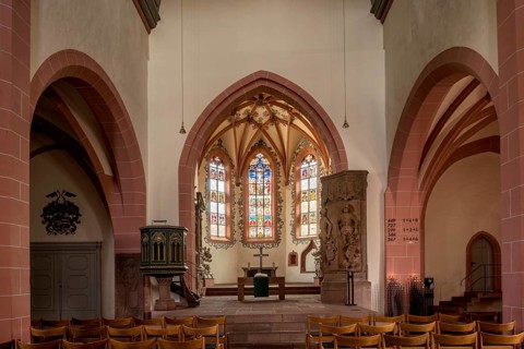 Protestant town church of the late Gothic period, nave and choir of the pseudo-basilica, mixture of