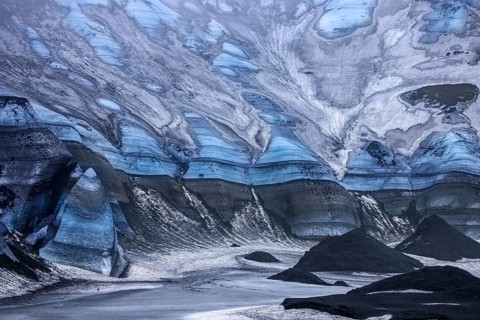 Mýrdalsjökull glacier with layers of black volcanic ash, ice cap on the top of the active Katla