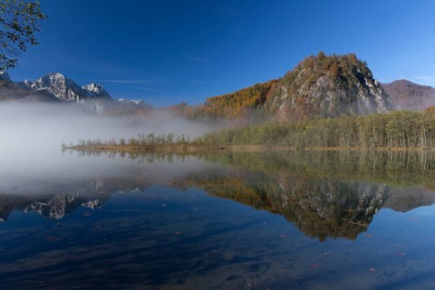 Autumn mood at lake Almsee, Grünau, Austria, Totes Gebirge, Europe