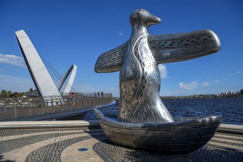 Aluminium sculpture First Contact by Laurel Nannup, Elisabeth Quay, Port, Perth, State of Western