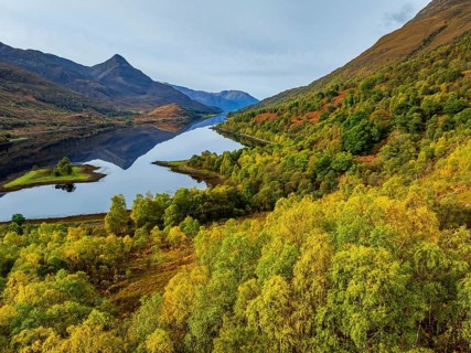 Fjord, coast, mountain landscape, reflection, island, autumn, autumn colours, aerial view, Loch