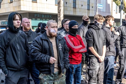 The neo-Nazi group Jung und Stark, JS, demonstrates in the city centre of Essen, demanding the