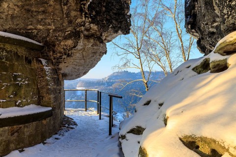 Winter magic at the Bastei, access to the Tiedge Aussicht, Saxon Switzerland, Saxony, Germany,
