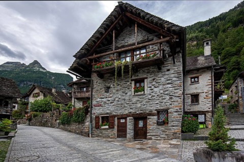 Typical Ticino stone houses in the village of Sonogno, Verzasca Valley, Valle Verzasca, Canton