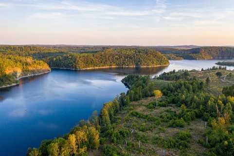 Reservoir of the Rappbode dam in the evening, Oberharz am Brocken, Harz, Saxony-Anhalt, Germany,