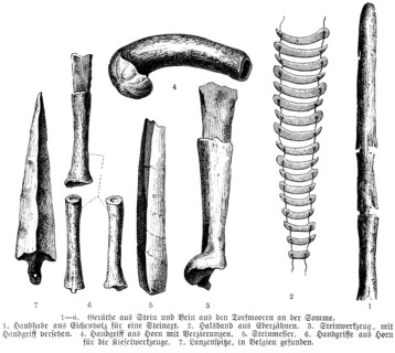Various implements made of stone, bone, horn and animal teeth, Stone Age, geology, anthropology,