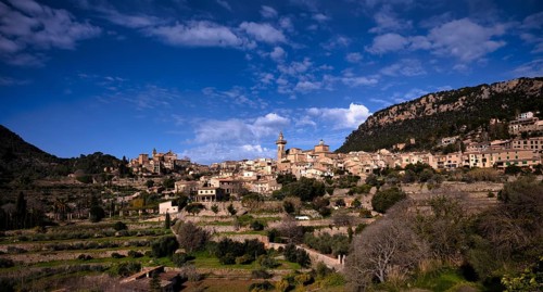 View of the mountain village of Valldemossa, Church Iglesia de la Cartuja, Real Cartuja (Royal