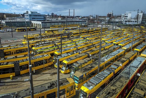 Essen, North Rhine-Westphalia, Germany, Trams at Ruhrbahn depot, Verdi and EVG warning strike,