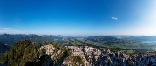 Drone shot, summit cross on the Schober with a view of Mondsee and Fuschlsee, Osterhorn group,