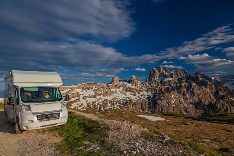 Camper paring at 2300 m sea level. Cadin mountain and surrounding area of the Tre Cime di Lavaredo