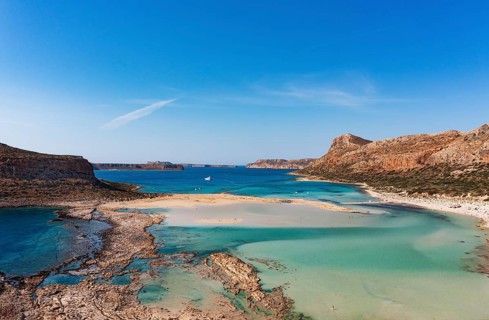 Drone shot, beach and bay of Balos, Gramvousa peninsula, Kolimbari, West Crete, Crete, Greece,