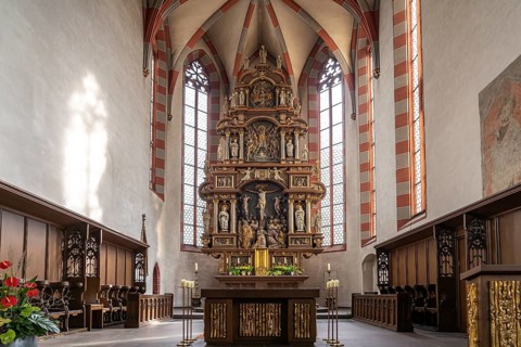 Altar of the Roman Catholic parish church of St Andrew in Ochsenfurt, Lower Franconia, Bavaria,