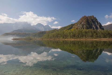 Autumn mood at lake Almsee, Grünau, Austria, Totes Gebirge, Europe