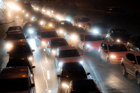 Dense fog, with visibility sometimes less than 100 metres, city centre traffic during rush hour at