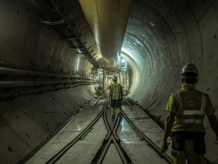 Workers in a tunnel section, construction lot H53 in the Brenner Base Tunnel, Tyrol, Austria,