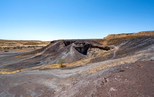 Dry landscape with yellow grass and black volcanic hills, Burnt Mountain, Damaraland, Kunene,